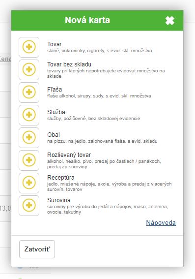 Možnosti pre v&yacute;ber novej skladovej karty