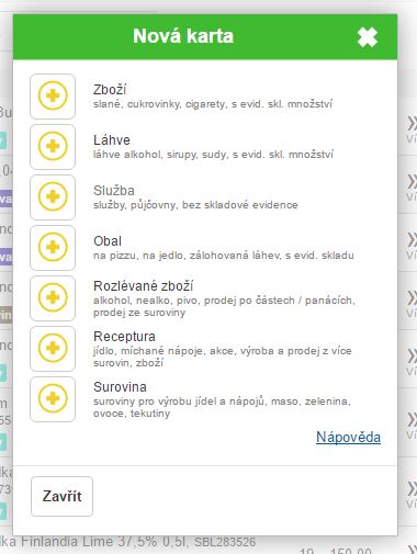 Možnosti pro v&yacute;běr typu nov&eacute; skladov&eacute; karty