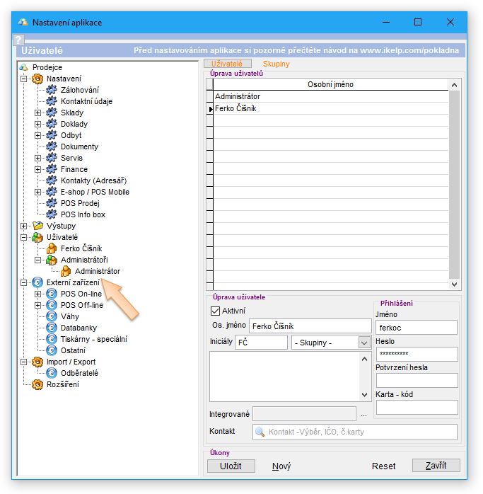 Zobrazen&iacute; stromu nastaven&iacute; a seznam aktivn&iacute;ch už&iacute;vatelů