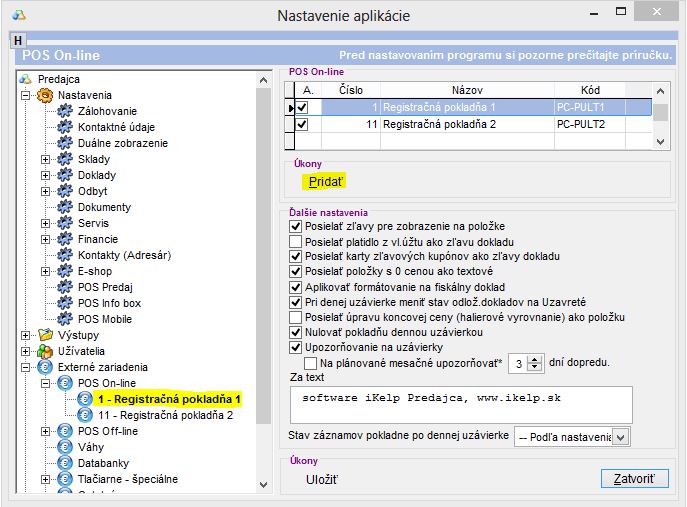 Zoznam On-line pokladn&iacute; v aplik&aacute;cii.