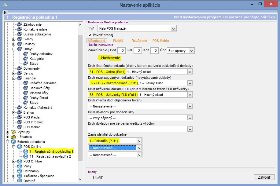 Nastavenia dokladov konkr&eacute;tneho On-line zariadenia.