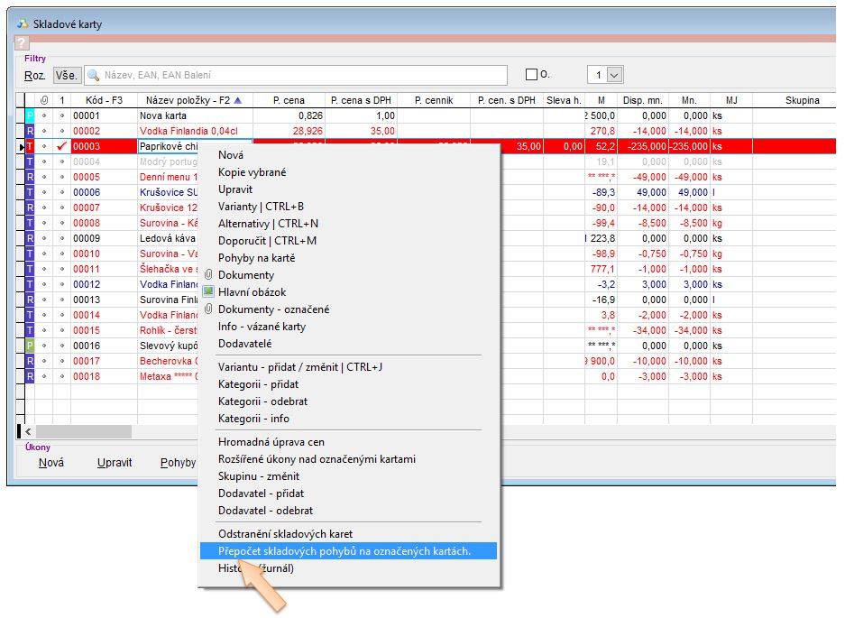 Možnosti pro pr&aacute;ci ze skladov&yacute;mi kartami