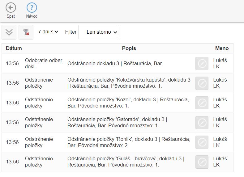 Z&aacute;znam o odoberan&iacute; položiek z dokladu