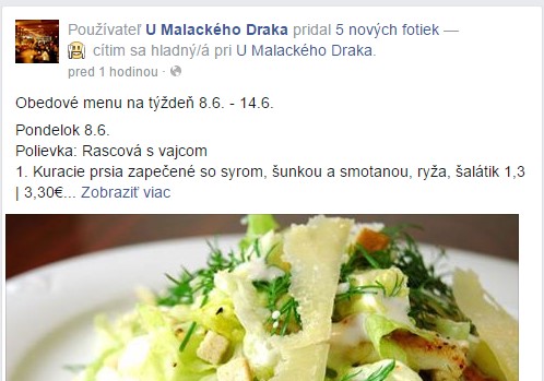 Uk&aacute;žka pr&iacute;spevku obedov&eacute;ho menu na Facebooku