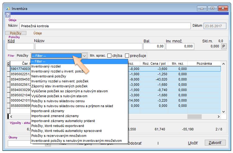 Filtrovanie položiek v invent&uacute;re