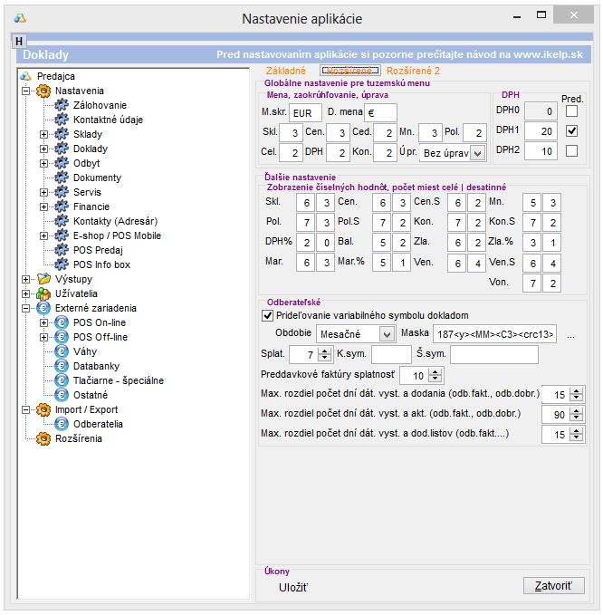 Nastavenia dokladov - Doklady: Rozsirene.