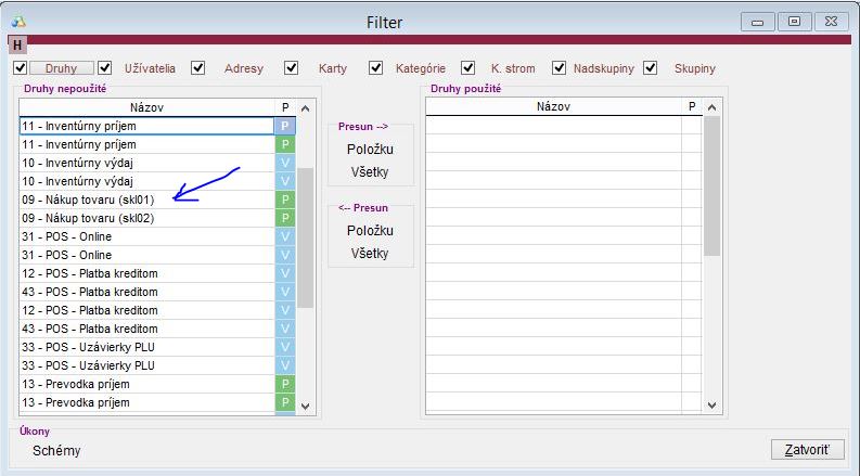 Zobrazenie druhov pohybov v rozboroch aplikacie po uprave nastavenia