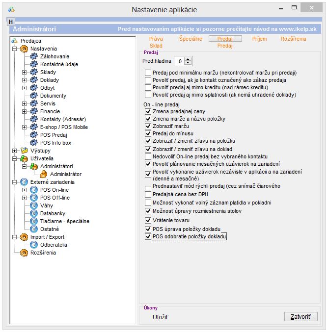 Nastavenie pr&aacute;v pre Predaj už&iacute;vateľa/ skupiny.