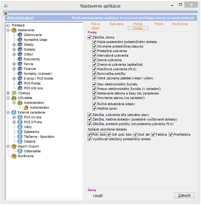 Nastavenie pr&aacute;v pre Predaj cez POS už&iacute;vateľa/ skupiny.