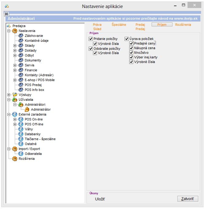 Nastavenie pr&aacute;v pre Pr&iacute;jem už&iacute;vateľa/ skupiny.