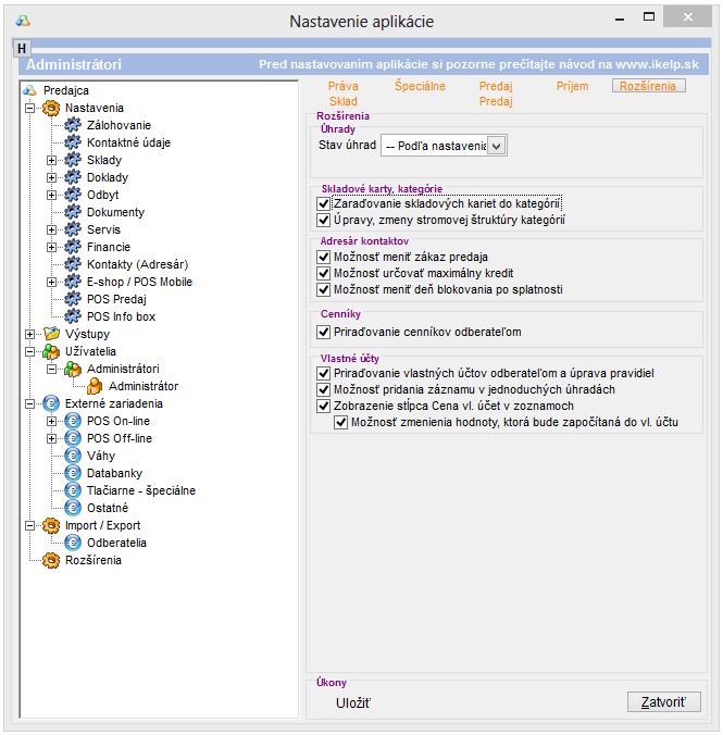 Nastavenie pr&aacute;v pre Roz&scaron;&iacute;renia už&iacute;vateľa/ skupiny.