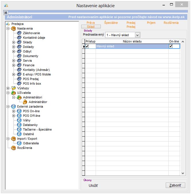 Nastavenie pr&aacute;v pre Sklad už&iacute;vateľa/ skupiny.