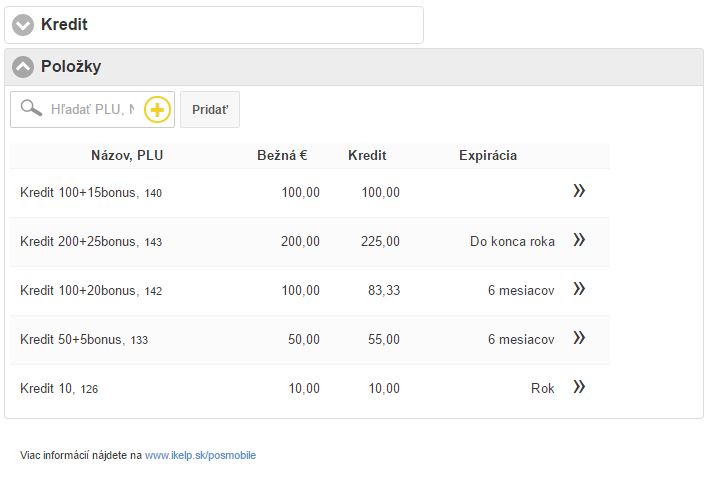 Zoznam vytvoren&yacute;ch kariet s nastaven&iacute;m pravidiel pre dob&iacute;janie kreditu