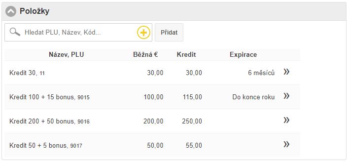 Seznam vytvořen&yacute;ch karet s nastaven&iacute;m pravidel pro dob&iacute;jen&iacute; kreditu