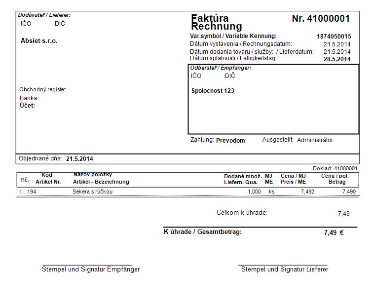 Tlačov&yacute; v&yacute;stup zahraničnej fakt&uacute;ry