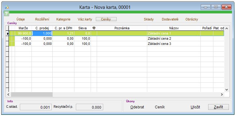 Popis z&aacute;ložky Cen&iacute;ky na skladov&eacute; kartě