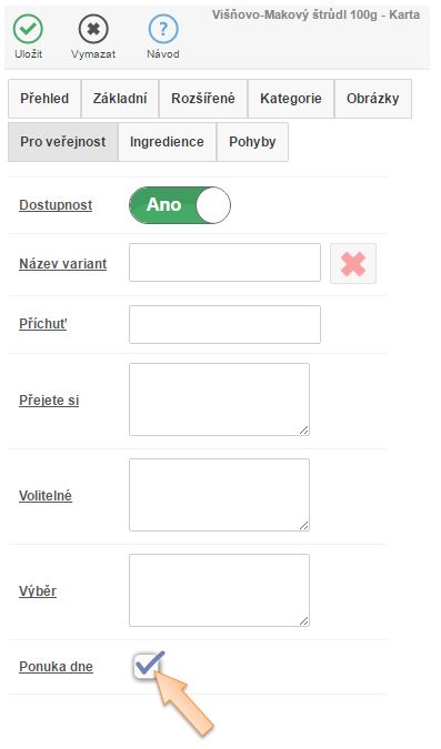 Nastaven&iacute; zařazen&iacute; karty do nab&iacute;dky