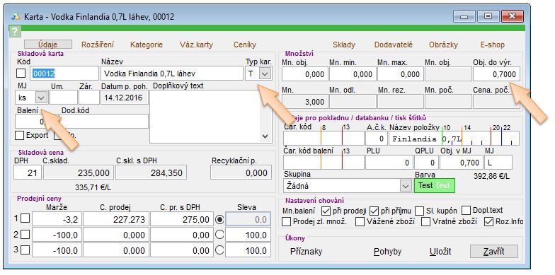 Skladov&aacute; karta - Finlandia 0,7L, kter&aacute; vstupuje do suroviny.