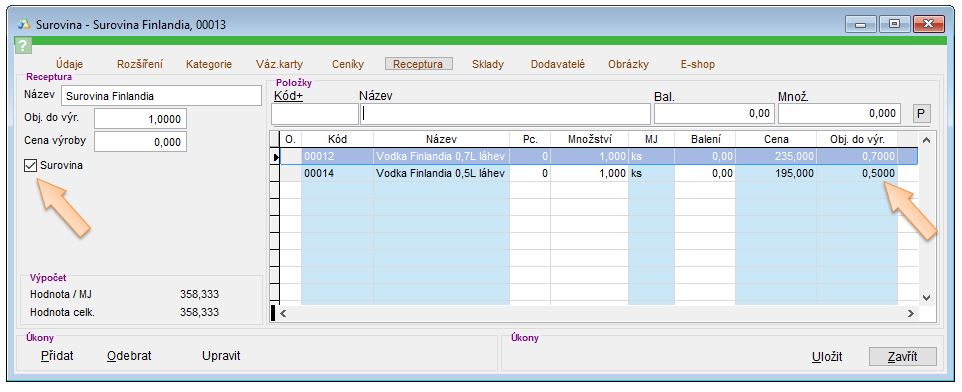 Skladov&aacute; karta - surovina - z&aacute;ložka Receptura
