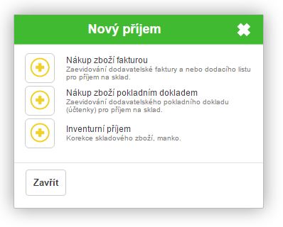 Nov&yacute; př&iacute;jem - v&yacute;běr typu dokladu pro př&iacute;jem