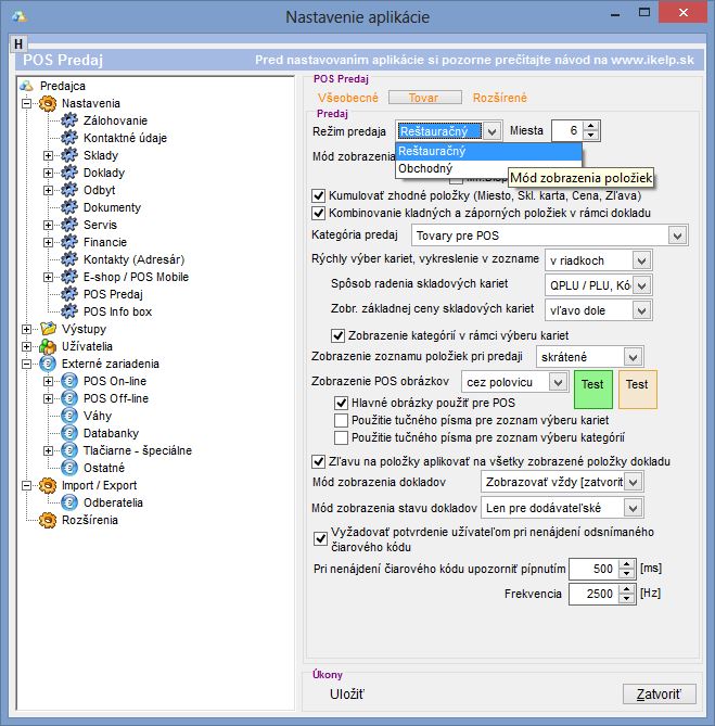 Zobrazenie nastavenia pre nastavenie režimu pr&aacute;ce s POS Pokladňou.