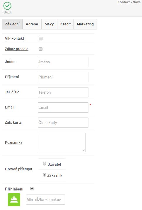 Z&aacute;ložka Z&aacute;kladn&iacute; na nov&eacute;m konktaktu v iKelp POS Mobile