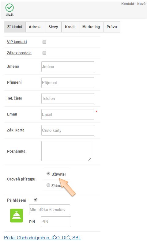 Z&aacute;ložka Z&aacute;kladn&iacute; na nov&eacute;m kontaktu v iKelp POS Mobile