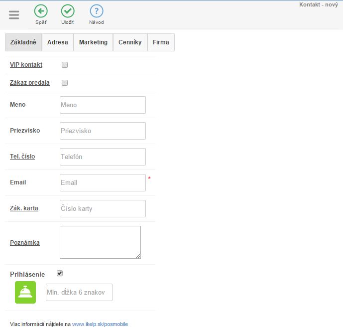 Z&aacute;ložka Z&aacute;kladn&eacute; na novom kontakte v iKelp POS Mobile