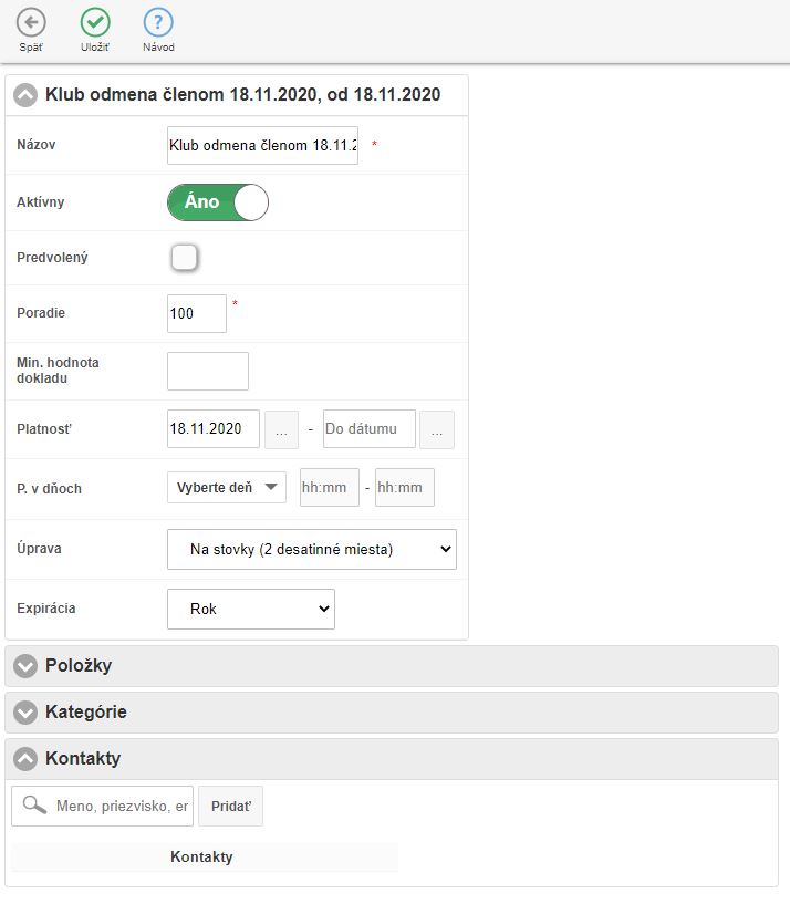 Nastavenie kampane - Klub odmena členov