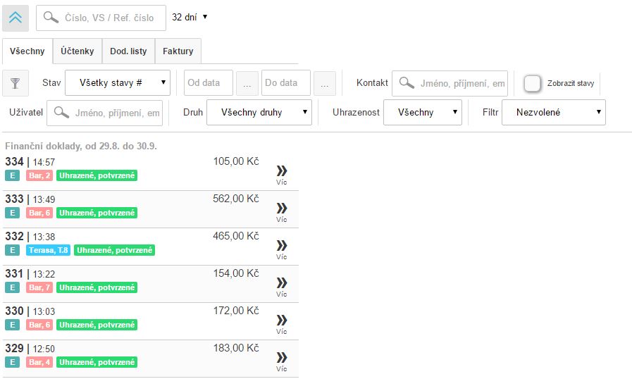 Seznam finančn&iacute;ch dokladů v Historii dokladů