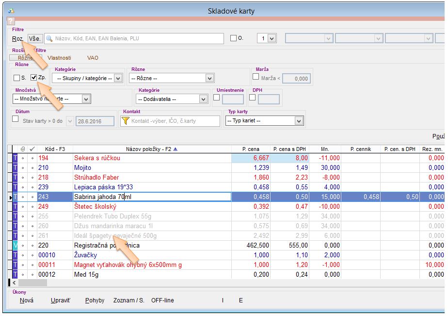 Filter na skladov&eacute; karty s pr&iacute;znakom "Zp"