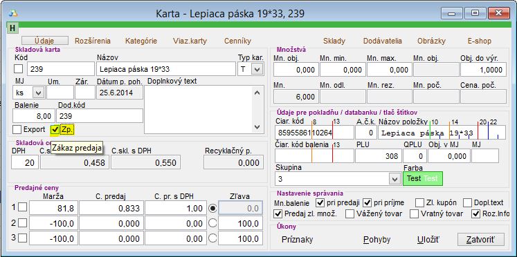 Nastaveni pr&iacute;znaku ZP na skladovej karte.